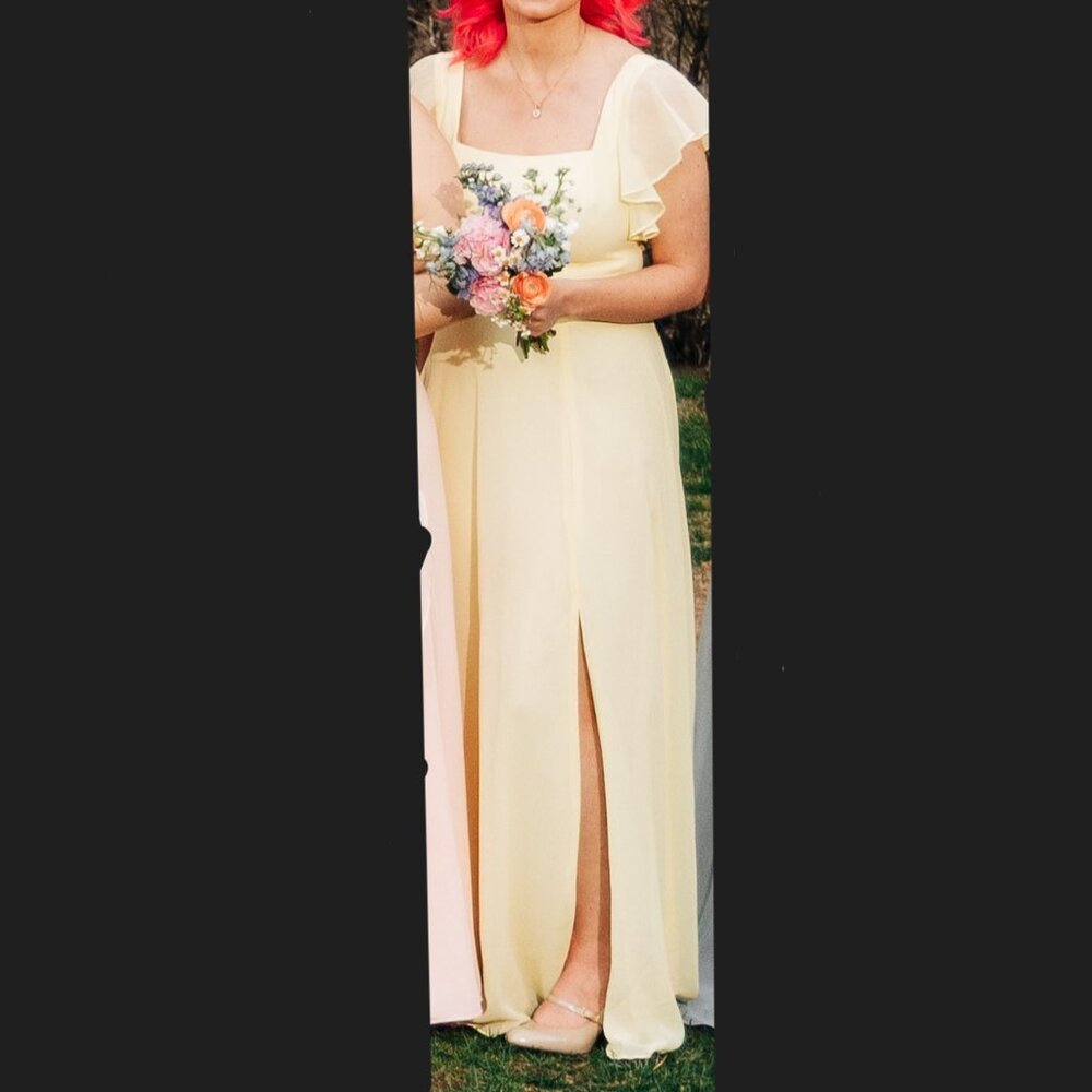 JJs House Pale Yellow Square Neck Chiffon Bridesmaid Dress